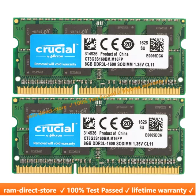 Crucial  DDR3 16GB 1600 2x 8GB PC3-12800 Laptop SODIMM Memory RAM PC3L 16G DDR3L