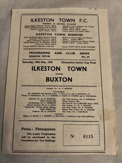 1957/58 Ilkeston Town v Buxton Derbyshire Senior Cup Final 10th May 1958