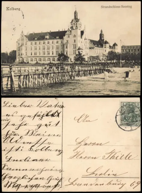Postcard Kolberg Kołobrzeg Strandschloß, Seesteg Pommern 1908