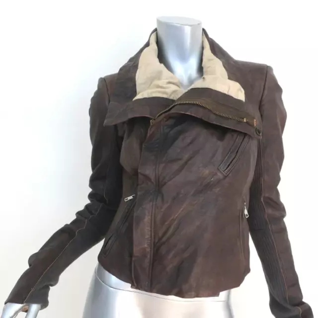 Rick Owens Classic Biker Jacket Dark Brown Distressed Leather Size 40