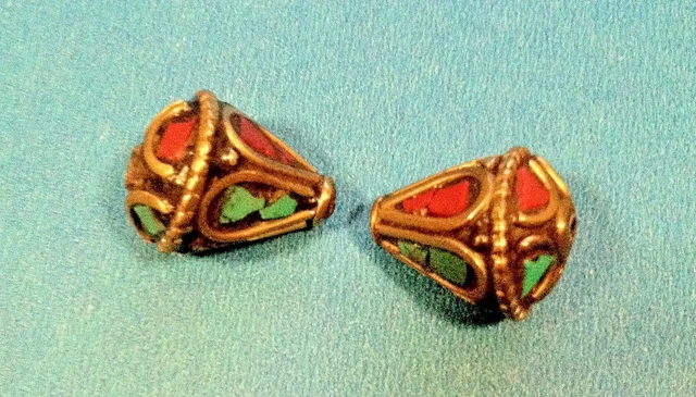 Lot of 2 cone shape design brass coral turquoise color, Tibetan Nepalese Beads