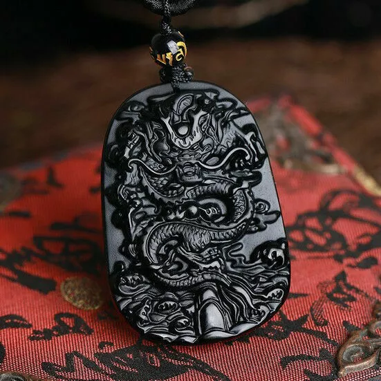 Natural Black Obsidian Hand Carved Dragon Head Lucky Amulet Pendant Necklace