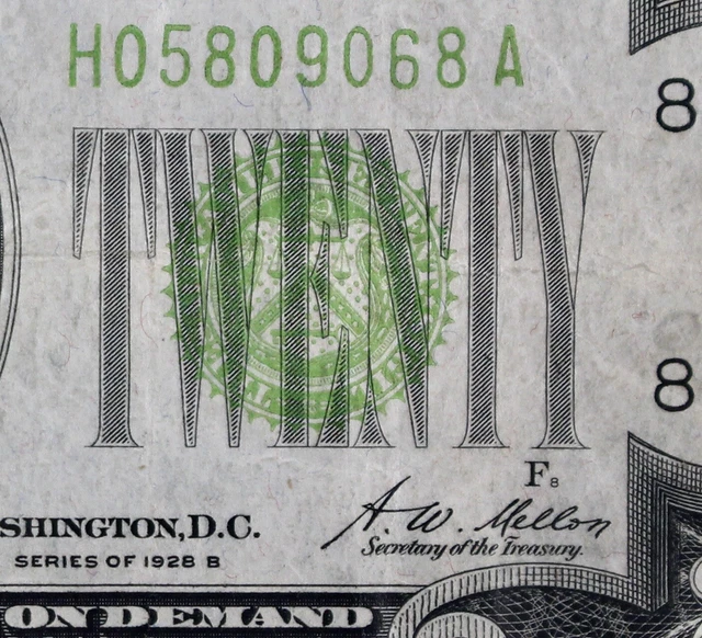 $20 1928B light vivid yellow-green FRN H05809068A twenty $ series B, St Louis H8