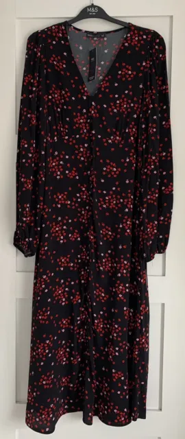 Marks&Spencer Ditsy Floral V-Neck Tie Midi Tea Dress M&S Black  Red Size 10 Long