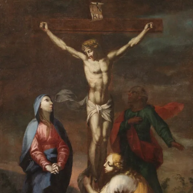 Ancienne Crucifixion tableau religieux 18ème siècle huile sur toile peinture