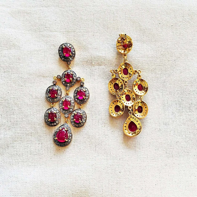 925 Sterling Silver Natural Ruby Pave Diamond Gold Plated Earring Jewelry HG