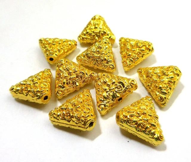5 Pcs 12X4Mm Triangle Textured Nepalese Bead 18K Gold Plated Jewelry