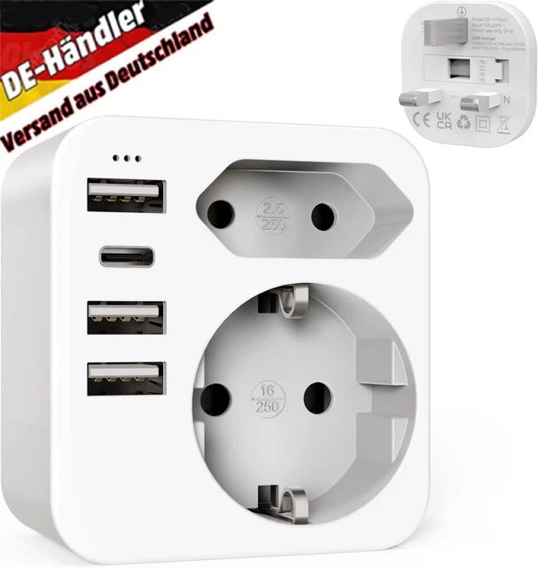 Adaptador de viaje barra de enchufes distribuidor de enchufes 2x con 3 USB-A/1 tipo C