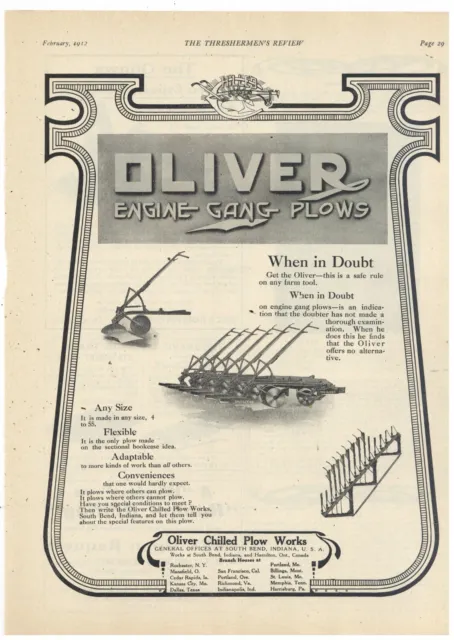 1912 Oliver Chilled Plow Works Ad: Engine Gang Plows - 4 to 55 Size - South Bend