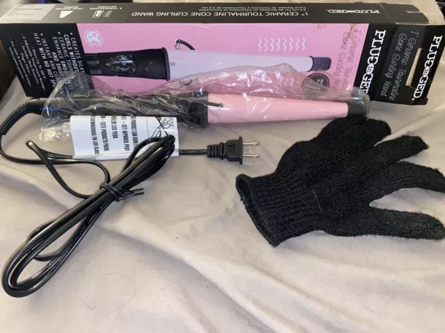 Plugged In Ceramic Tourmaline Cone Curling Wand 1" Pink Black 3