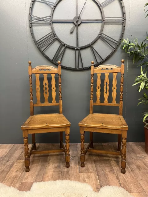 Stunning Pair Of Oak Barley Twist Ornate Dining Chairs, Antique Vintage
