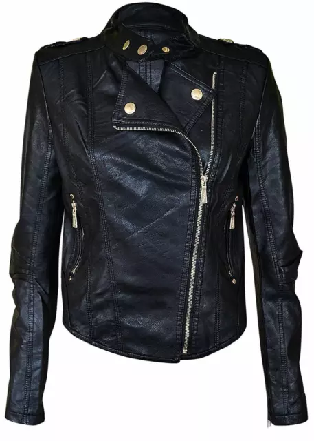 New Womens Ladies Biker Jacket Crop Faux Leather PVC PU Gold Button ZIP Coat Top