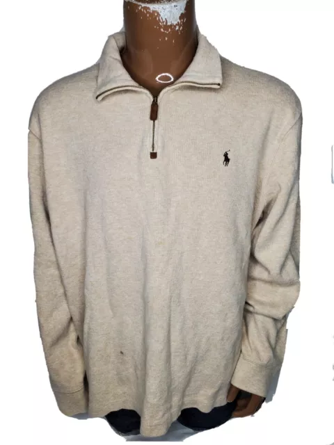 Polo Ralph Lauren Mens 1/4 Zip Pullover Sweater 2XL Beige Black Pony 2