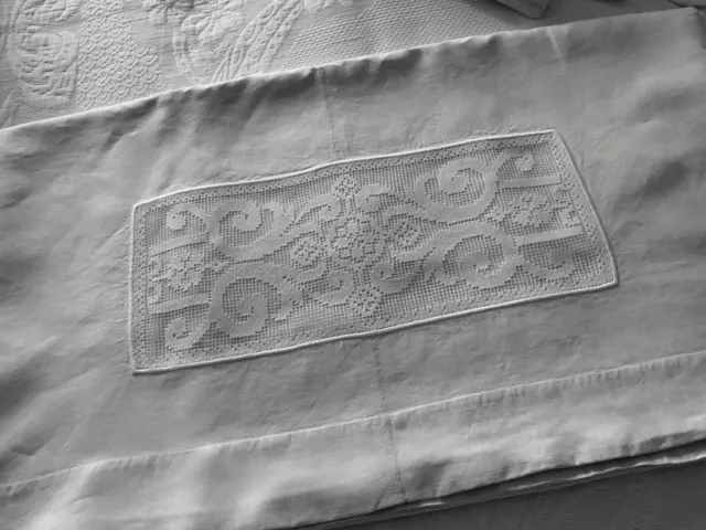 linge ancien Très Grand Drap En Fil De Lin Et Dentelle Au Filet Rosace 1800/1900