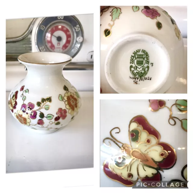 Vintage Hungarian Zsolnay Hand Painted Porcelain Floral Flowers Small Vase Pot