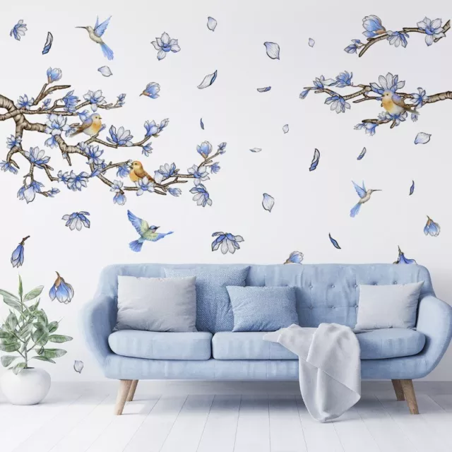 Autocollant Mural Clings Décalques Oiseau Arbre Floral Décor Maison PVC Bleu