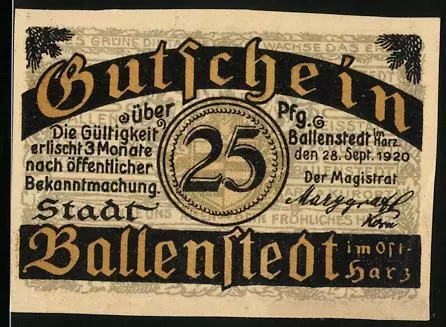 Notgeld Ballenstedt i. Harz 1920, 25 Pfennig, Gemeinderats-Saal, Gutschein
