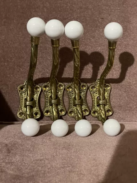 4 Coat Hat Hooks quality brass w/ porcelain tips  6" high