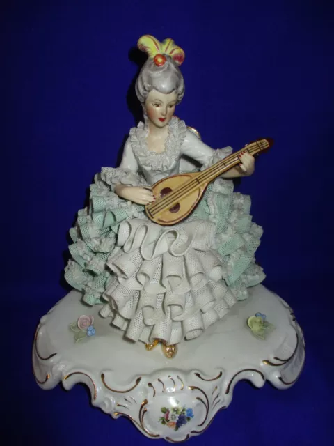 Vintage Lace  Porcelain Figurine Dresden Lady Playing the Mandolin