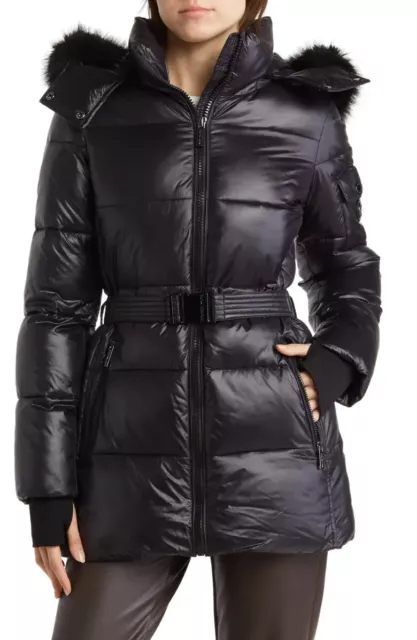 Michael Kors Women Quilted Faux Fur Trim Hood Belted Jacket Puffer Coat Black XS
