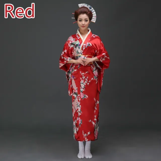 Lady Floral Japanese Kimono Satin Robe Yukata Geisha Costume Show Cosplay Soft 12