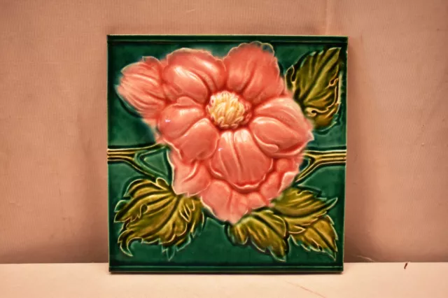 Antique Japan Tile Majolica Art Nouveau Saji Flower High Embossed Green Pink"I3
