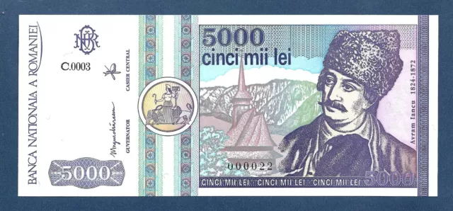 (DN) Romania Rumania 5000 Lei 1992 P-103 Fancy Very Low Number 00022 SC UNC