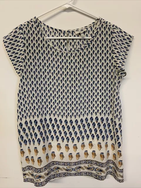 Joie Rancher Blue White Feather Pattern Silk Cap Sleeve Blouse Shirt Top XS
