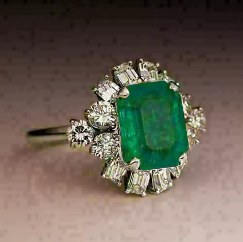 14K White Gold Plated Silver 3.2Ct Simulated Emerald & Diamond Engagement Ring