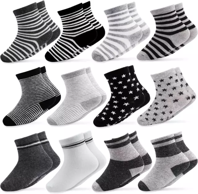 Baby Socks 12 Pairs Non Skid anti Slip Cotton Grip Socks Toddler Baby 12-24 Mont