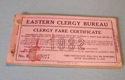 1932 Eastern Clergy Bureau Clergy Railroad Fare Certificate Book Mostly Unused