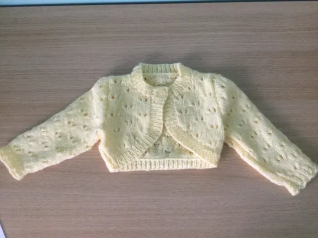 Baby Girls Hand Knitted  Lemon Bolero Cardigan. 0-3m. Chest 40cm/16in. Brand New