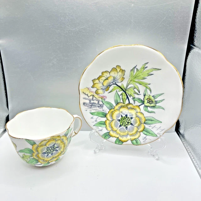 Vtg James Kent Longton Fine Bone China Cup Saucer Yellow Blossom Scalloped Edge