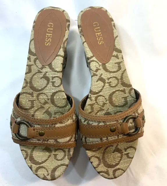 G by Guess Sandals Womens 7 M Brown Wedge G Print Slides Open Toe Slip on Sandal