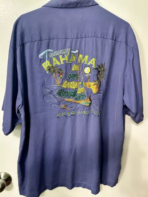 TOMMY BAHAMA Shirt Mens XL Blue 100% Silk Woven Embroidered Hawaiian Camp Shirt