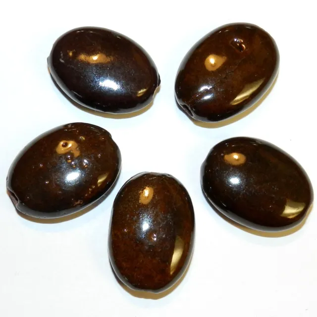 CPC337 Dark Brown 30mm Flat Puffed Oval Glazed Ceramic Beads 5pc