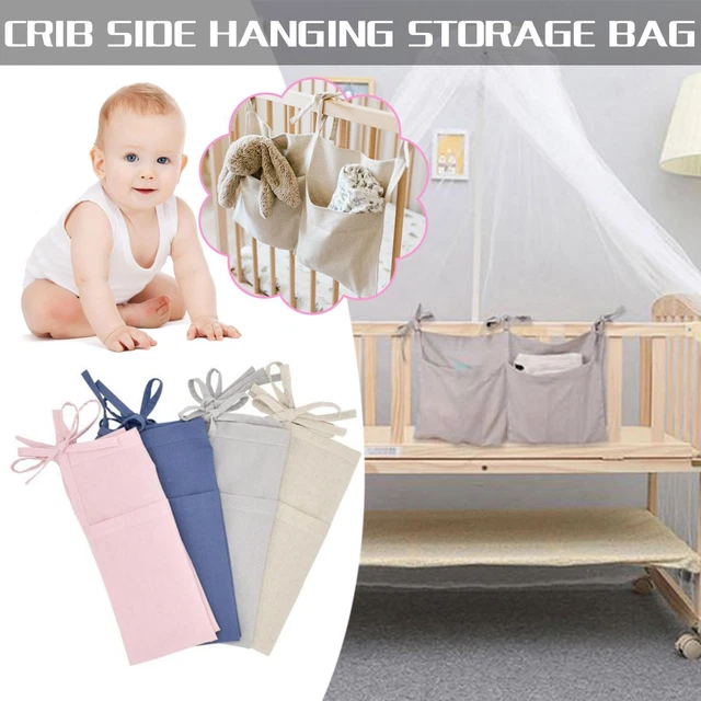 Crib Side Hanging Storage Bag, Linen 2 Pocket Organizer for Crib and Toys,