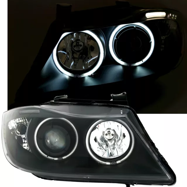 CCFL Angel Eyes Scheinwerfer Set für 3er BMW E90 E91 in Schwarz Klarglas