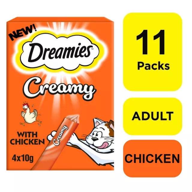 44 x 10g Dreamies Creamy Adult Cat & Kitten Treats with Tasty Chicken 11x40g