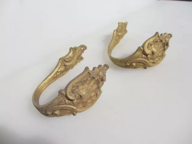 Antique Brass Curtain Tie Backs Hooks French Old Victorian Rococo Leaf Vintage