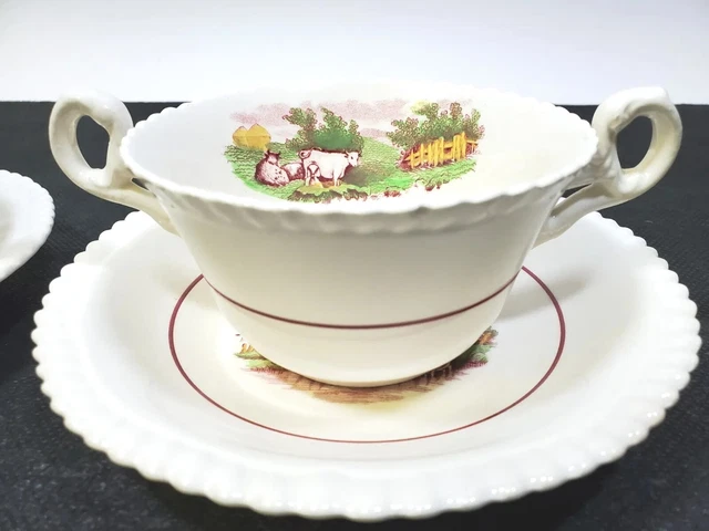 RARE Copeland Spode Set of 2 Double Handled Bouillon Cup and Saucers Pasture Cow