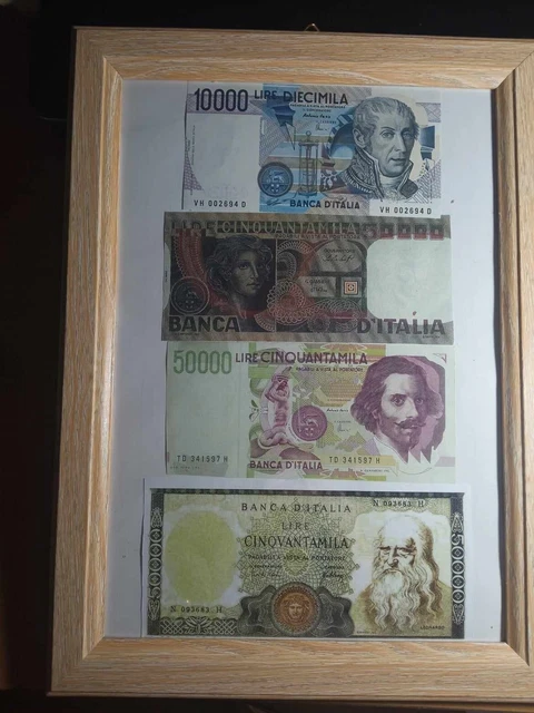  Lotto di 4 BANCONOTE Lire Riproduzioni compreso cornice
