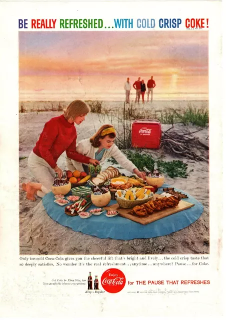 1959 Coca Cola Beach Picnic Ice Chest Chicken Corn Coke Soda Bottles Print Ad
