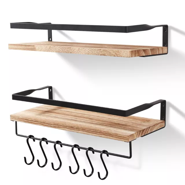 2Pcs Wooden Floating Shelves Wall Mounted Display Storage Shelf With Hooks Home