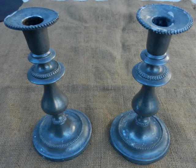 PAIR Antique Mid 19th Century PEWTER Candlesticks with Brass Push-ups