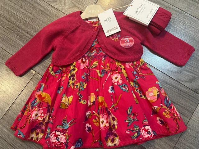 Next bambina 0-3 mesi abito, cardigan e collant set / ted fornaio stile nuovo con etichette