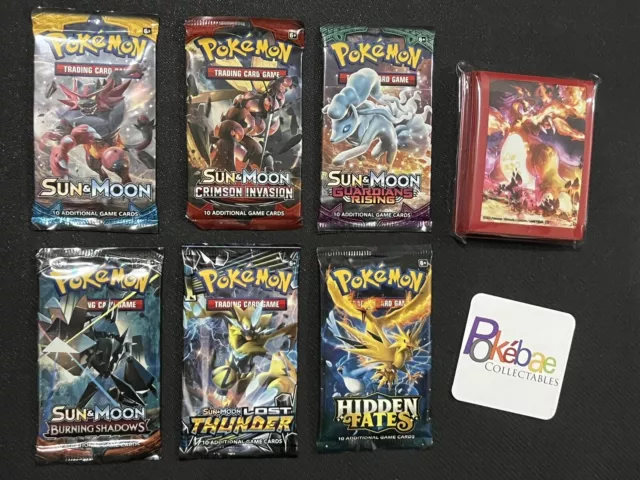 Pokémon tcg NEW sealed booster packs x6 Sun & Moon era lot Hidden Fates +Sleeves