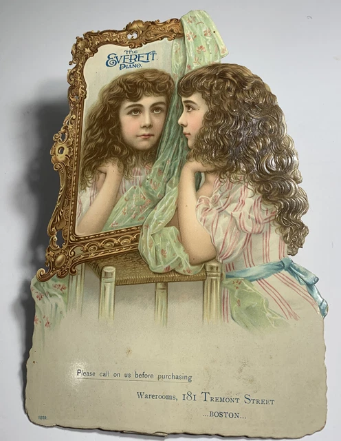 1892 Beautiful Lady Die Cut Advertising Sign Everett Piano Boston Double Image