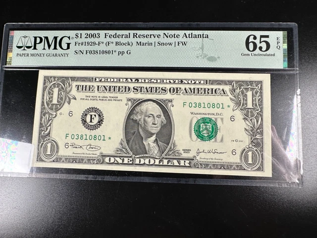 Unique SN 03810801 Gem Graded PMG 65 EPQ Star Federal Reserve Note fr 1929-f* 3