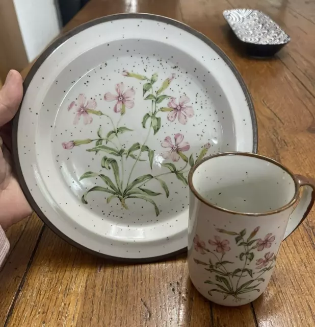 Takahashi WILD PINK Speckled Stoneware Mug & Plate  101 201 Japan floral Vintage